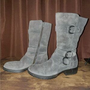 Gray Suede Mid-Calf Buckle Heeled Boots